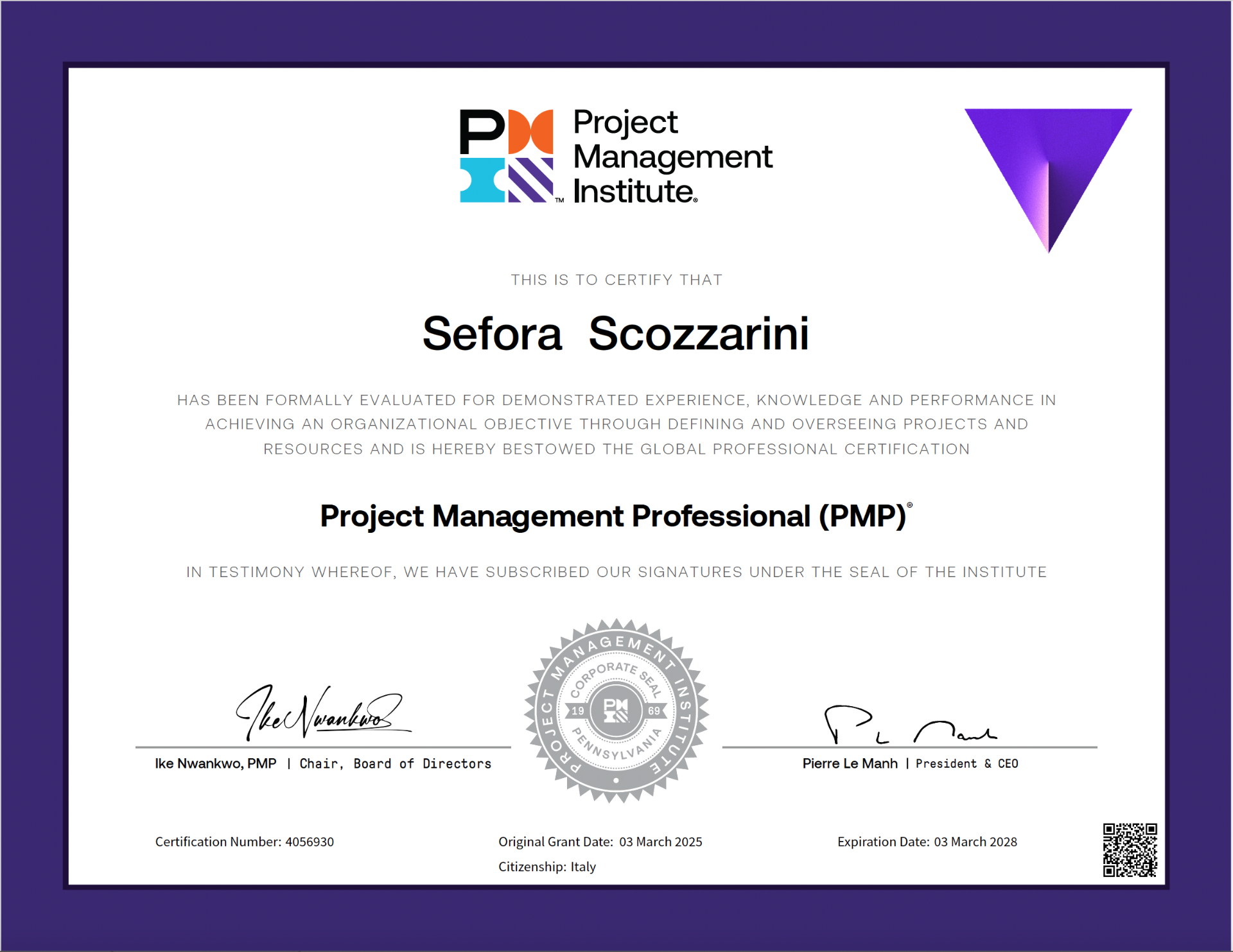 Certificato PMP — Project Management Professional rilasciato dal Project Management Institute a Sefora Scozzarini